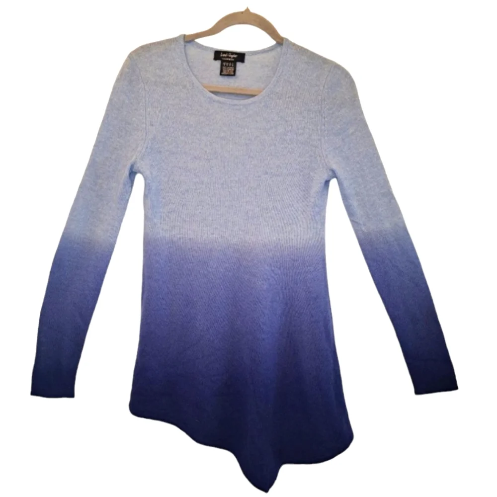 Lord & Taylor 100% Cashmere Asymmetrical Blue Ombre Dip Dye Quiet Luxury Small